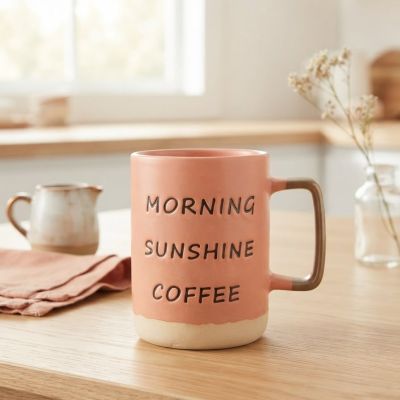 كوب سيراميك مرجاني محفور بعبارة "& : Vintage Coral Ceramic "Morning Sunshine Coffee" Engraved Mug.