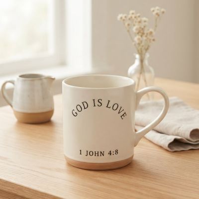 كوب سيراميك كريمي كلاسيكي مطبوع بعبارة "&: Vintage Cream Ceramic "God is Love" Mug.