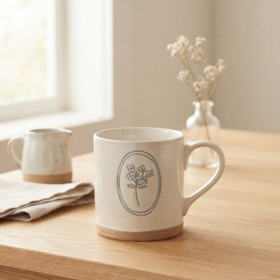 كوب سيراميك ريفي برسمة زهرة داخل إطار بيضاوي.  & : Vintage Ceramic Floral Oval Frame Mug.