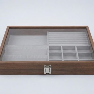 صندوق منظم مجوهرات خشبي بغطاء زجاجي.  &  Wooden Jewelry Organizer Box with Glass Lid.