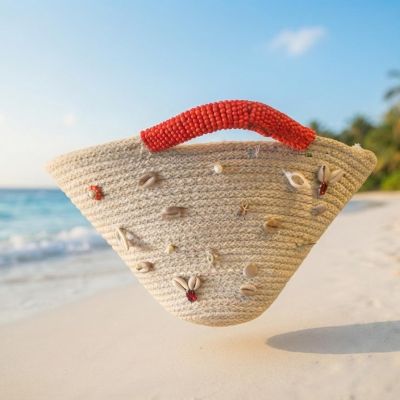 حقيبة يد قش (خوص) بتصميم هلالي مزينة بالقواقع والخرز الأحمر.  &  Flared Straw Tote Bag Decorated with Seashells and Red Beads