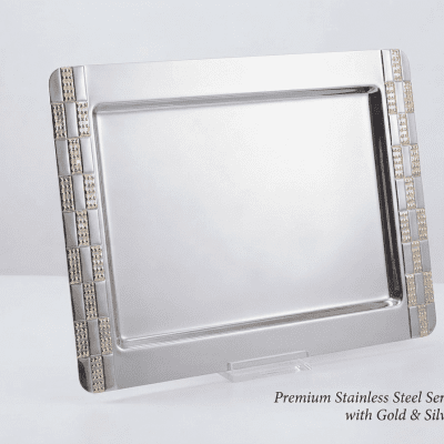 صينية تقديم ستانلس ستيل عصرية بتفاصيل ذهبية وفضية ​Modern Stainless Steel Serving Tray with Gold & Silver Detail
