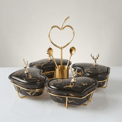 طقم تقديم سيراميك رخامي فاخر (على حامل ذهبي) Luxury Marble Ceramic Serving Set (on Gold Stand)