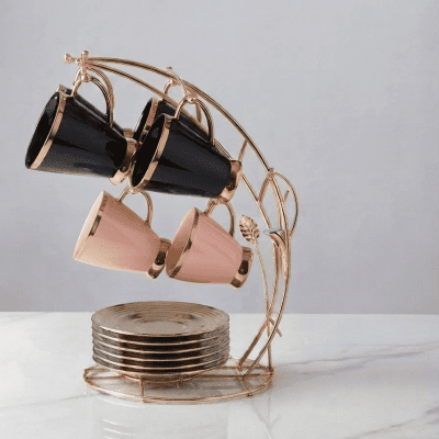 طقم فناجين قهوة عصري (مزيج لونين) مع حامل ذهبي Modern Coffee Cup Set (Mixed Colors) with Gold Stand