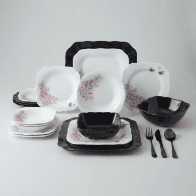 طقم عشاء سيراميك فاخر (38 قطعة) بتصميم الزهور والفراشات Luxury Ceramic Dinnerware Set (38 Pieces) with Floral and Butterfly Design