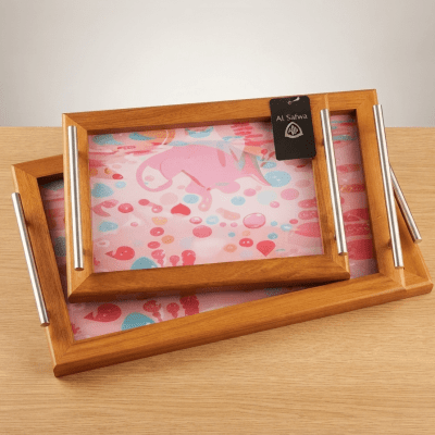 طقم صواني تقديم خشبية (قطعتين) بتصميم عصري وألوان زاهية  Wooden Serving Tray Set (2 Pieces) with Modern Design and Vibrant Colors