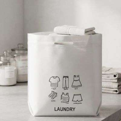 سلة / حقيبة غسيل وتنظيم قماشية مودرن - لون أبيض.  & Modern Fabric Laundry & Storage Basket Bag - White.