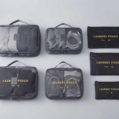 طقم منظم حقائب السفر والامتعة 7 قطع - لون رمادي وأسود.  &  7-Piece Packing Cubes and Travel Laundry Pouches Set - Grey & Black.