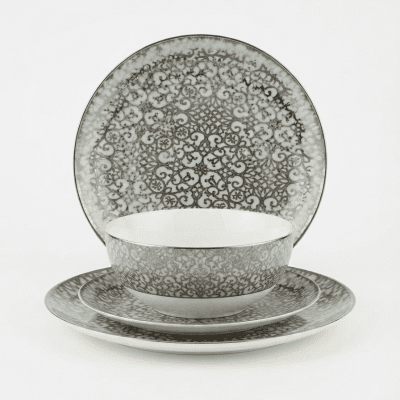 طقم عشاء فاخر من البورسلين - 24 قطعة - نقشة دمشقية رمادية وذهبية En Luxury Porcelain Dinner Set - 24 Pieces - Grey and Gold Damask Pattern