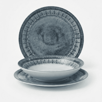 طقم عشاء سيراميك بتصميم عتيق - 24 قطعة - لون رمادي مزخرف Ceramic Dinnerware Set with Vintage Design - 24 Pieces - Decorative Grey