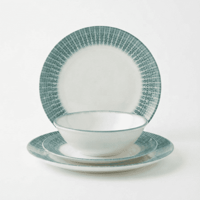 طقم عشاء سيراميك بنقشات هندسية - 24 قطعة - ألوان متدرجة (أخضر تركوازي) Geometric Pattern Ceramic Dinnerware Set - 24 Pieces - Gradient Tones (Turquoise Green)