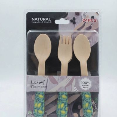 طقم ملاعق وأشواك خشبية طبيعية 100% (24 قطعة) من لاكي بامبو. & Lucky Bamboo 100% Natural Refined Wood Cutlery Set (24 Pcs).