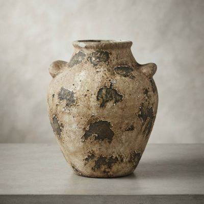  مزهرية سيراميك عتيقة بتأثير حجري ريفي / فازة بوهو أثرية بمقبضين.&: Distressed Rustic Ceramic Vase / Vintage Earthy Terracotta Jug.