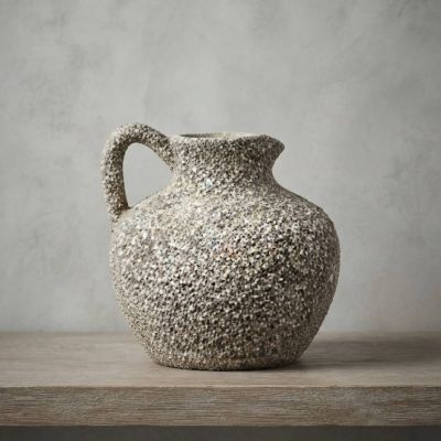 إبريق سيراميك عتيق بملمس حجري بارز / فازة بوهو ريفية بمقبض واحد.&: Rustic Textured Stone-Effect Ceramic Pitcher / Vintage Wabi-Sabi Vase