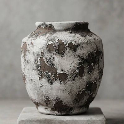 مزهرية سيراميك عتيقة ريفية / فازة فخارية بتصميم معتق.&: Distressed Rustic Ceramic Vase / Vintage Wabi-Sabi Terracotta Jar.