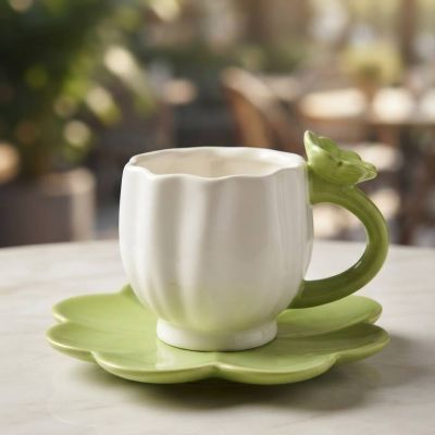 فنجان سيراميك على شكل زهرة بيضاء وخضراء مع طبق متناسق.&: Ceramic Flower Bud Mug with Petal Saucer Set.