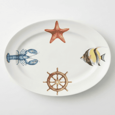 طبق تقديم بيضاوي بنقوش بحرية (مجموعة بحرية)  Oval Sea-Themed Serving Plate (Marine Collection)