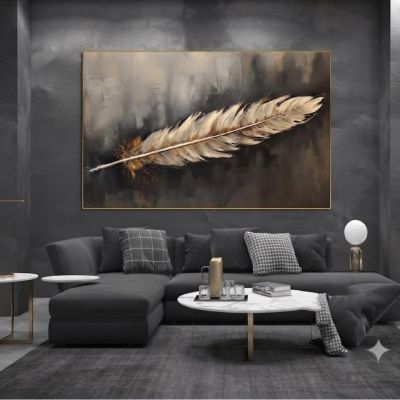 : لوحة جدارية مودرن بتصميم ريشة ذهبية ثلاثية الأبعاد.& Modern Canvas Wall Art with Golden Feather Design