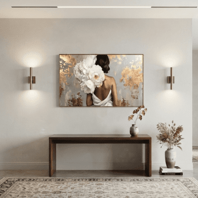 لوحة جدارية (برواز) بتصميم فتاة والزهور متاح مقاس ( 50*70 / 50*90 / 80*60 / 70*100 )  & ( 50*70 / 50*90 / 80*60 / 70*100 ) : Girl with Flowers Wall Art (Frame)