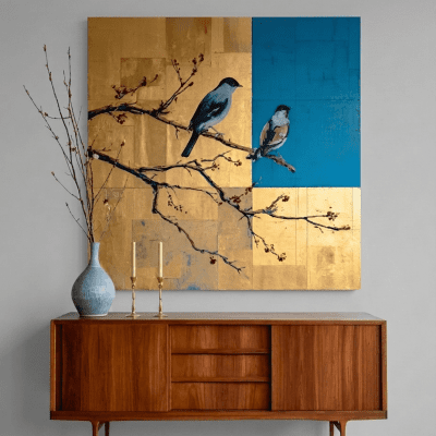 لوحة العصافير الذهبية والزرقاء مودرن (متاحة بمقاسات: 60&times;120 / 80&times;120 سم): Golden & Blue Birds Modern Wall Art (Available Sizes: 60x120 / 80x120 cm)
