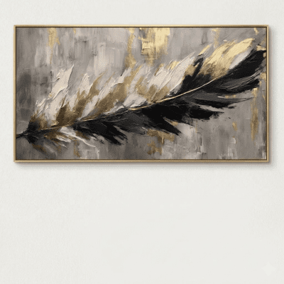 ريشة تجريدية مودرن باللون الأسود والذهبي - مقاسات 60&times;120 / 80&times;120 سمModern Abstract Black & Gold Feather Wall Art - Sizes 60x120 / 80x120 cm📝 
