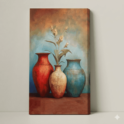 تابلوه كانفاس جداري - ثلاث فازات وأزهار (متاح بمقاسات 70x50 / 90x50 / 60x80 / 100x70 سم) Canvas Wall Art - Three Vases & Flowers (Available in sizes 50x70 / 50x90 / 80x60 / 70x100 cm