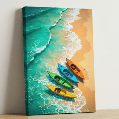 تابلوه قماش كانفاس مقاس خاص - لقطة عمودية لقوارب الكاياك الملونة على الشاطئ (80&times;150 سم) ( Large Colorful Kayaks Beach Canvas Wall Art (80x150 cm)