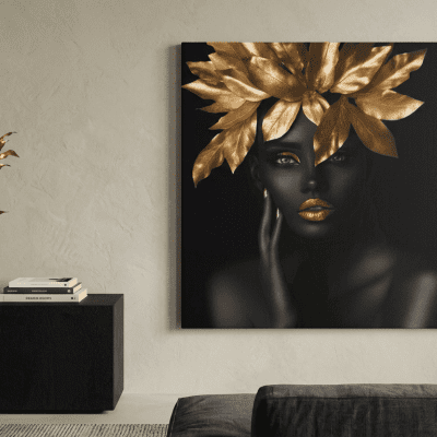 تابلوه قماش كانفاس مقاس خاص - بورتريه فني أفريقي باللونين الأسود والذهبي (80&times;150 سم):Extra Large Black and Gold African Woman Canvas Wall Art (80x150 cm)