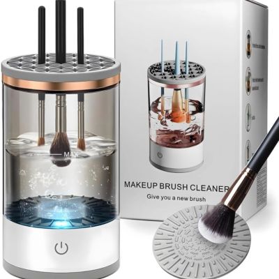 جهاز تنظيف فرش المكياج الدوار الأوتوماتيكي مع حاوية شفافة، تنظيف فرش متعددة، سريع الجفاف، منظف فرش المكياج