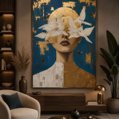لوحة فنية تجريدية (المرأة والحمام) (60&times;120 / 80&times;120) ​Abstract Art Canvas (Woman and Doves) (60&times;120 / 80&times;120)