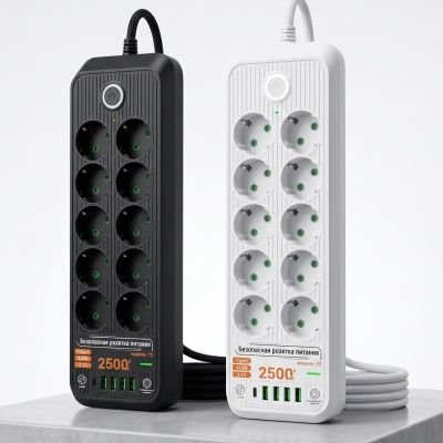 مشترك كهربائي ذكي آمن بقدرة 2500 واط مزود بـ 10 مقابس ومنافذ USB و Type-C (موديل F5).  & Safe Smart Power Strip 2500W with 10 Outlets, USB, and Type-C Ports (Model