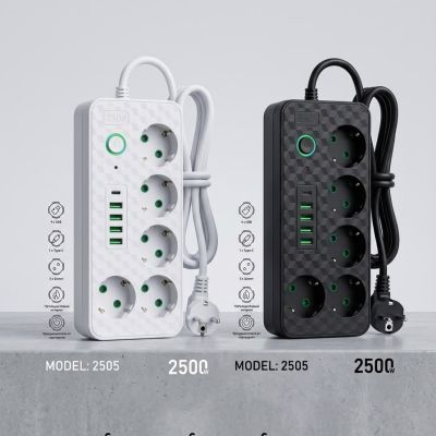 مشترك كهربائي ذكي بقوة 2500 واط بنقشة مكعبة ثلاثية الأبعاد مزود بـ 6 مقابس ومنافذ USB و Type-C (موديل 2505).  & : Smart 2500W Power Strip with 3D Cube Pattern, 6 Outlets, USB & Type-C Ports (Model 2505).