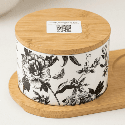 برطمان تخزين سيراميك بنقوش فلوري وغطاء خشبCeramic Floral Storage Jar with Wooden Lid