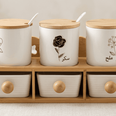 طقم توابل بورسلين دورين بقاعدة خشب بامبو (6 قطع): 2-Tier 6-Piece Porcelain Spice Organizer Set with Bamboo Rack