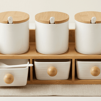 طقم توابل بورسلين دورين مع حامل بامبو (6 قطع) 2-Tier 6-Piece Porcelain Spice Organizer Set with Bamboo Rack
