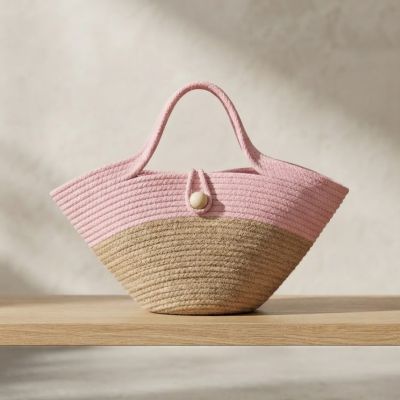 : حقيبة يد صيفية منسوجة من الحبال بلونين (بيج ووردي) مع قفل زر علوي.  & : Two-Tone Pink & Beige Woven Cotton Rope Summer Tote Bag.