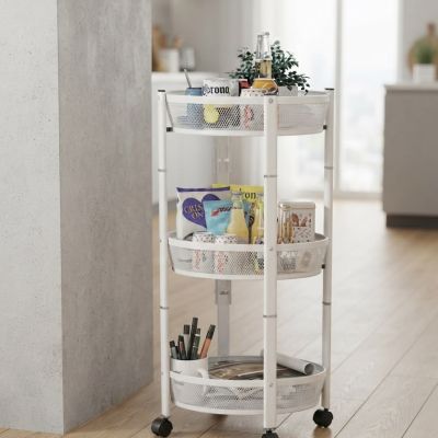 : عربة منظم دائرية متحركة متعددة الطبقات (3 مستويات) باللون الأبيض.  &: 3-Tier White Circular Rolling Utility Cart & Storage Organizer.