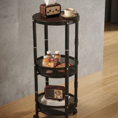 : عربة منظم دائرية متحركة متعددة الطبقات (3 مستويات) مع سطح خشبي.  & : 3-Tier Circular Rolling Utility Cart & Storage Organizer with Wooden Top.