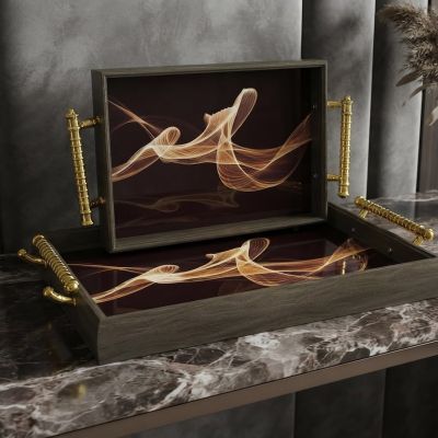 : طقم صواني تقديم خشبية مستطيلة بمقابض ذهبية ورسومات تجريدية (قطعتين).  & : 2-Piece Modern Rectangular Wooden Serving Tray Set with Gold Handles and Abstract Art.