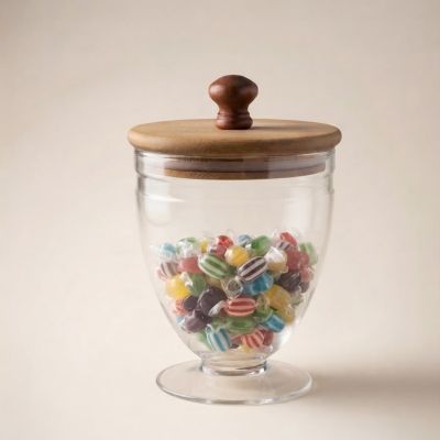 : برطمان / وعاء زجاجي قصير بغطاء خشبي لحفظ الحلوى والسكاكر حجم صغير   & : Small Glass Candy Jar with Wooden Lid