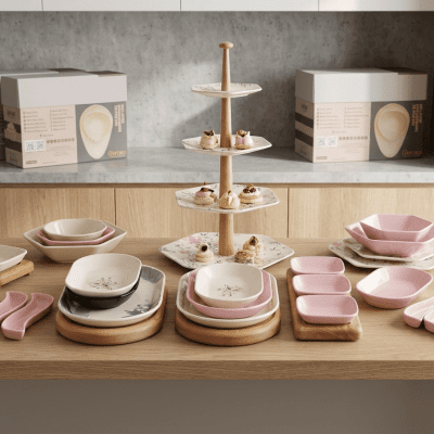 طقم عشاء 38 قطعه بورسلين مدور بينك 38-piece round pink porcelain dinner set 