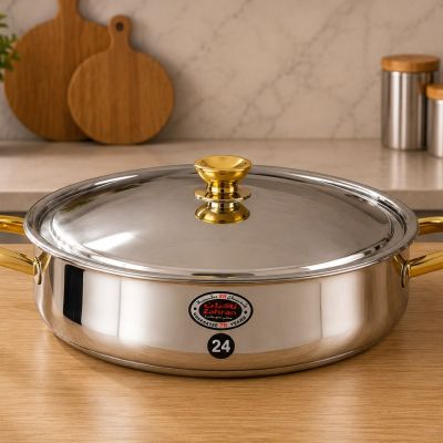 صينية طهي استانلس ستيل زهران بغطاء بمقابض ذهبية مقاس 24  & : Zahran Stainless Steel Baking Tray / Roasting Pan with Gold-Plated Handles and Lid - Size 24