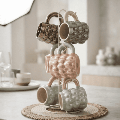 طقم مجات 6قطع  بورسالين لاستر الاندلس +ستاند  6-piece Luster Andalus porcelain mug set + stand 