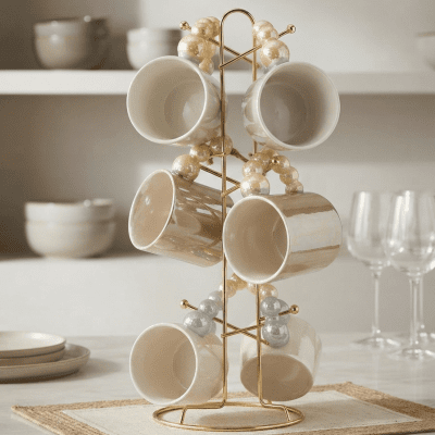 طقم مجات بورسلين 6قطع عل حامل 6-piece porcelain mug set on a stand 