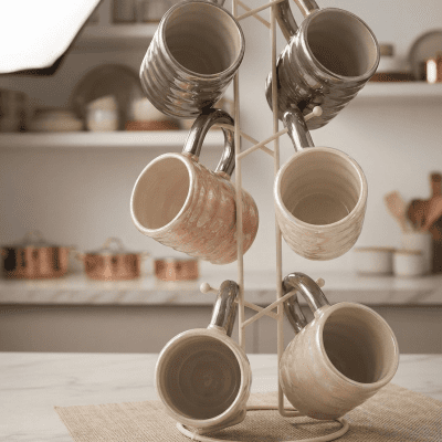 طقم مجات بورسلين 6قطع الاندلس+حاملAndalusian 6-piece porcelain mug set + stand  