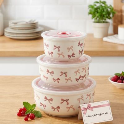 طقم أوعية حفظ طعام سيراميك 3 قطع بنقوش فيونكات مع أغطية بلاستيكية أيرتايت.  & : 3-Piece Ceramic Food Storage Bowl Set with Ribbon Bow Print & Airtight Lids.