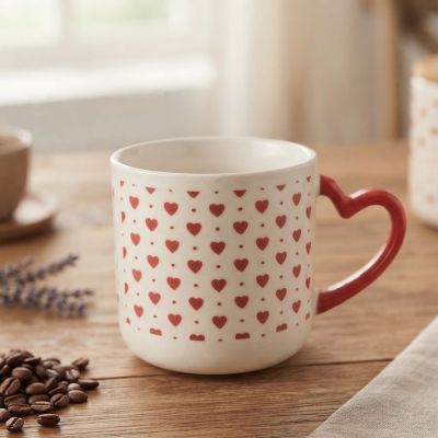 مج سيراميك أبيض بنقوش قلوب حمراء ومقبض على شكل قلب.  &: White Ceramic Heart Print Mug with Heart-Shaped Handle.