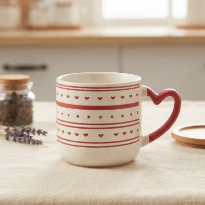 مج سيراميك أبيض بأشرطة ونقوش قلوب حمراء ومقبض على شكل قلب.  & : White Ceramic Stripe & Heart Print Mug with Heart-Shaped Handle.