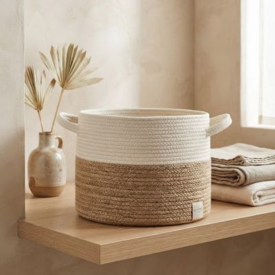 سلة تنظيم وتنظيف دائرية منسوجة بلونين (قطن وخيش) مع مقابض جانبية.  &: Two-Tone Woven Cotton & Jute Storage Basket with Handles.