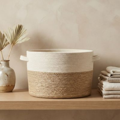 سلة تنظيم دائرية منسوجة بلونين (قطن وخيش) مع مقابض جانبية.  & : Two-Tone Woven Cotton & Jute Storage Basket with Handles.